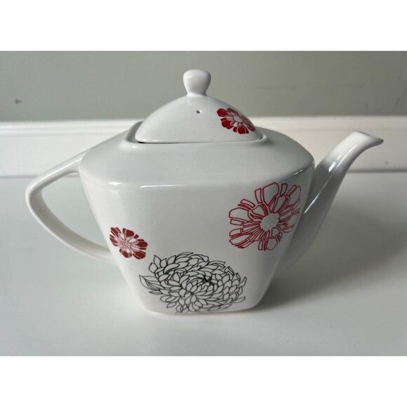 Large White Ceramic Teapot Tea Pot Kettle White Red Black Mums Flowers Gifts - Picture 3 of 7